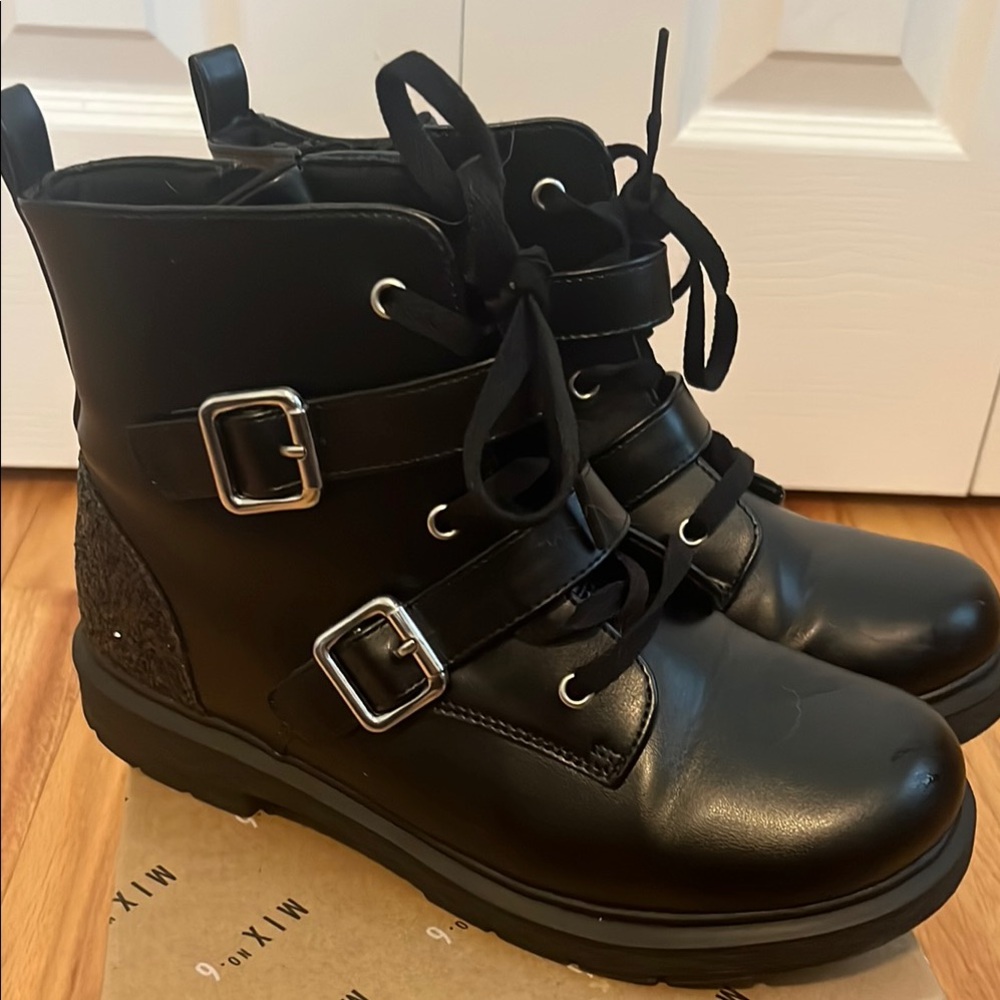 Black Faux Leather Ankle Boots with Buckles